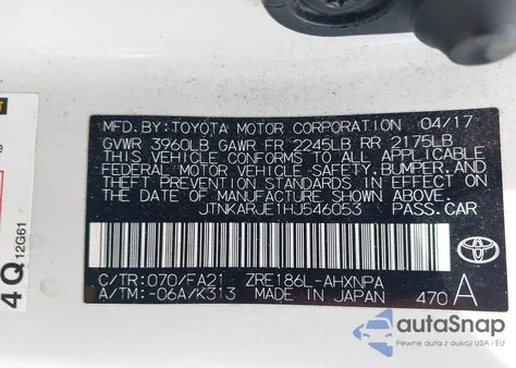 2017 Toyota Corolla Im z USA, uszkodzony, nr VIN JTNKARJE1HJ546053